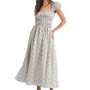 MABLE Analise Floral Smocked Open Back Lace Up Maxi Dress Cream Blue Size Small